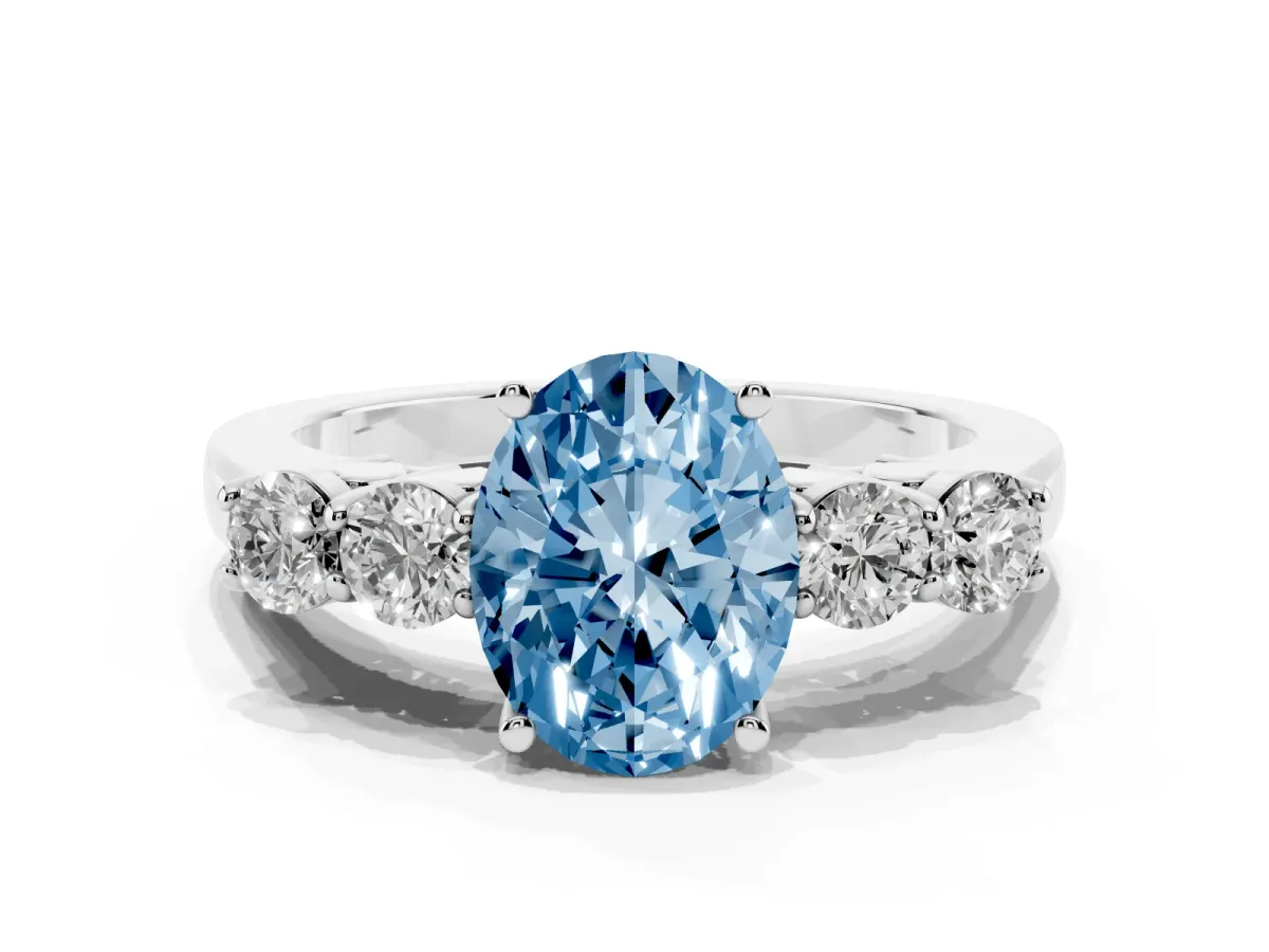 Fancy Blue Oval Cut Cut Diamond Five-Stone Prong Set White Gold Ring Silver