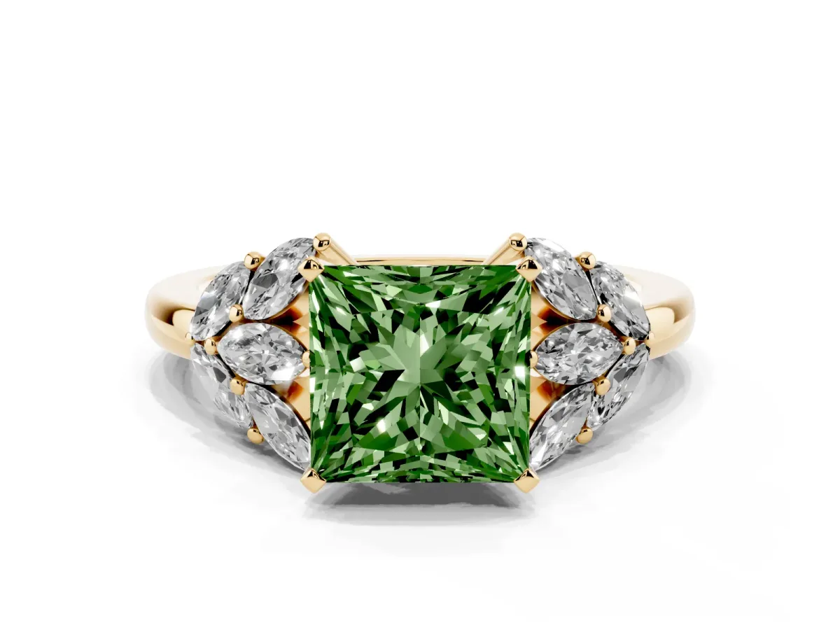 Fancy Green Princess Cut Diamond Cluster Leaf Design Ring with Prong Setting Yellow gold