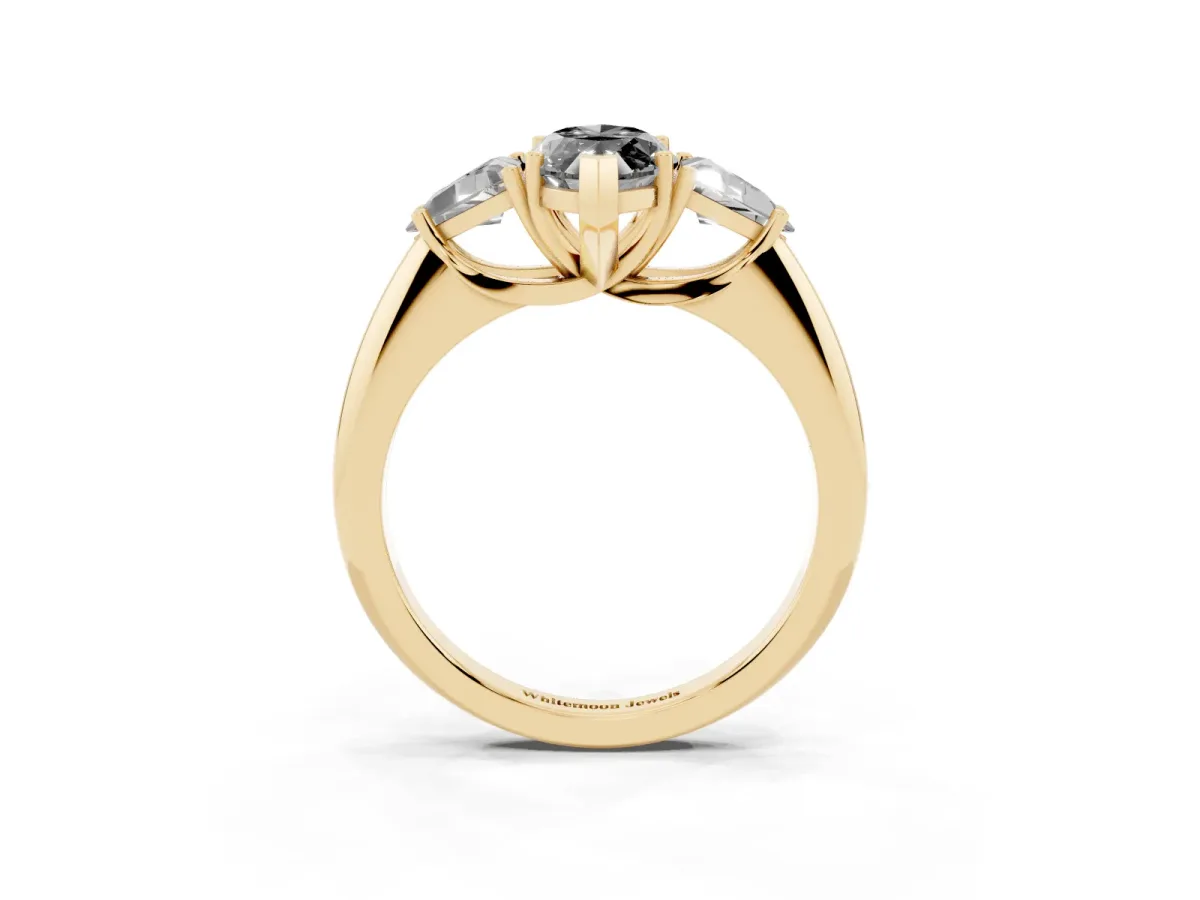 Fancy Black Three-Stone Marquise Cut Diamond Engagement Ring with Trillion Side Stones and Prong Setting Yellow gold