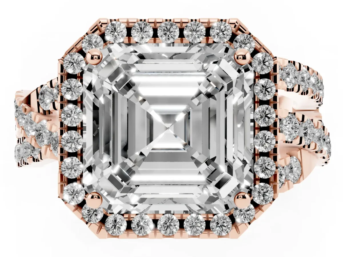 Asscher Cut Diamond Halo Ring with Round Split Shank and Prong Setting Rose gold