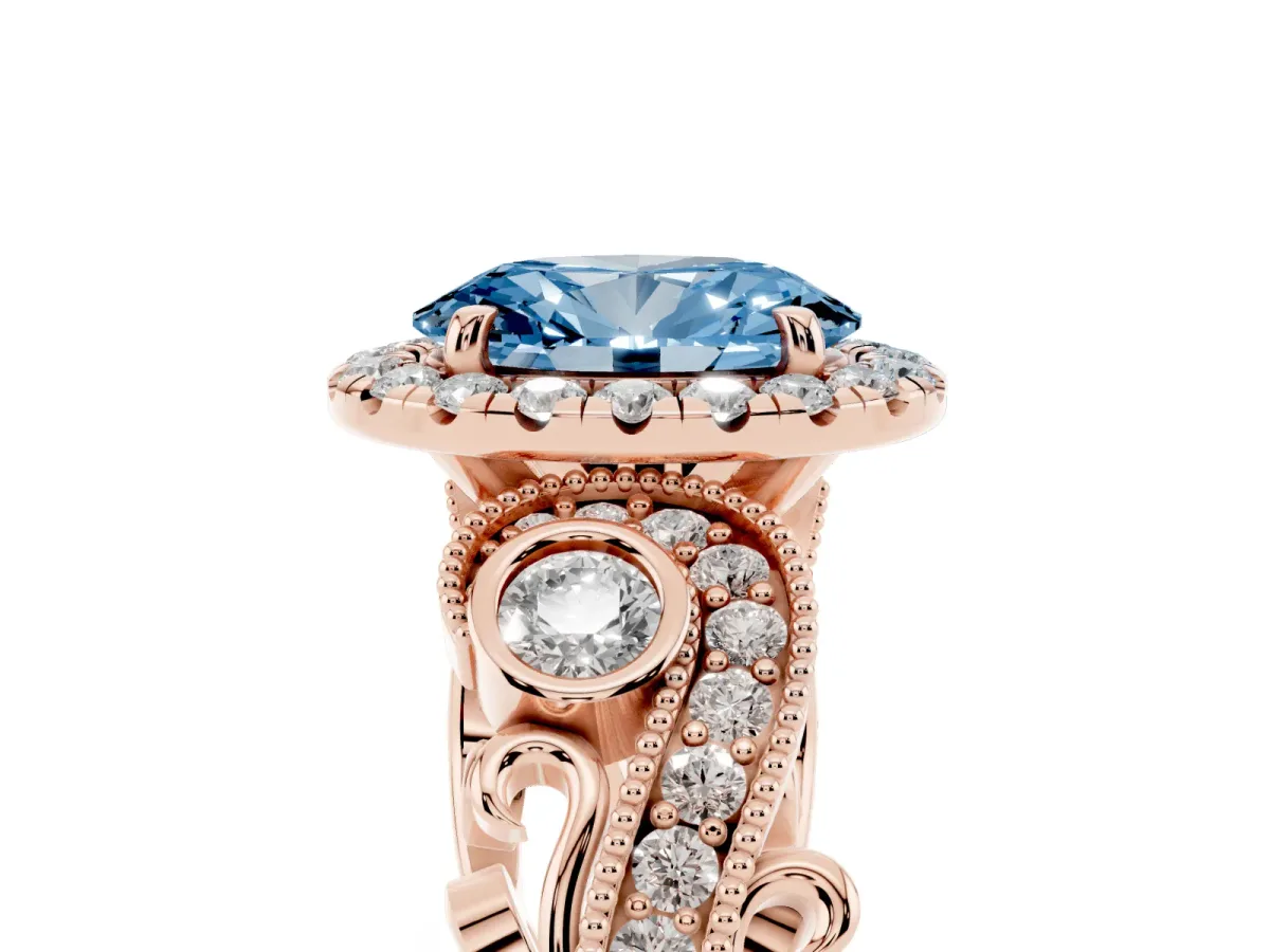 Fancy Blue Oval Cut Halo Diamond Ring with Milgrain and Bezel Accents on a Split Shank Band Rose gold