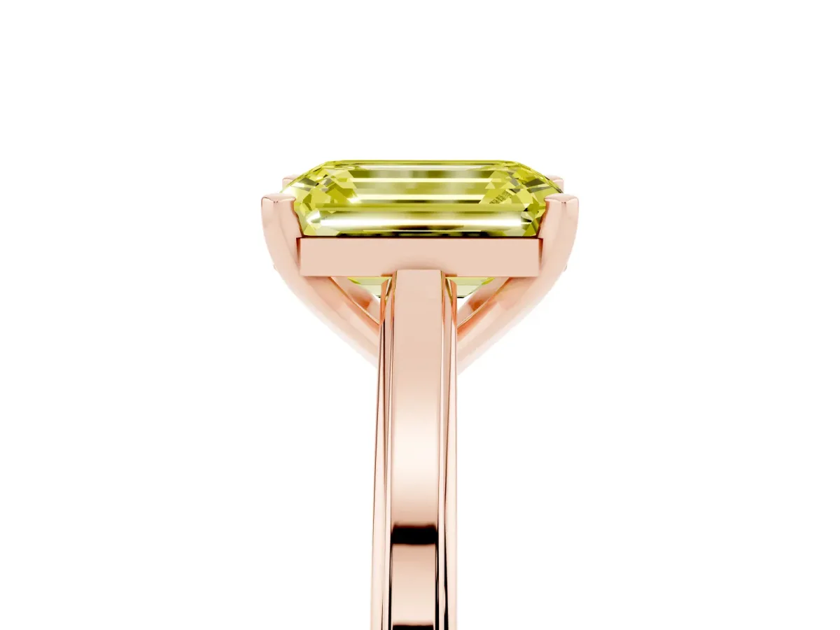 Fancy Yellow Emerald Cut Solitaire Diamond Ring with Four-Prong Setting and Classic Band Rose gold
