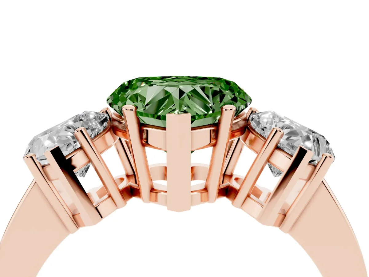 Fancy Green Three-Stone Heart Cut Cut Diamond Engagement Ring with Flat Band and Four-Prong Setting Rose gold