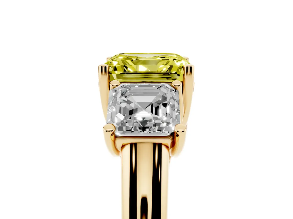 Fancy Yellow Three-Stone Asscher Cut Diamond Engagement Ring with Prong Setting Yellow gold