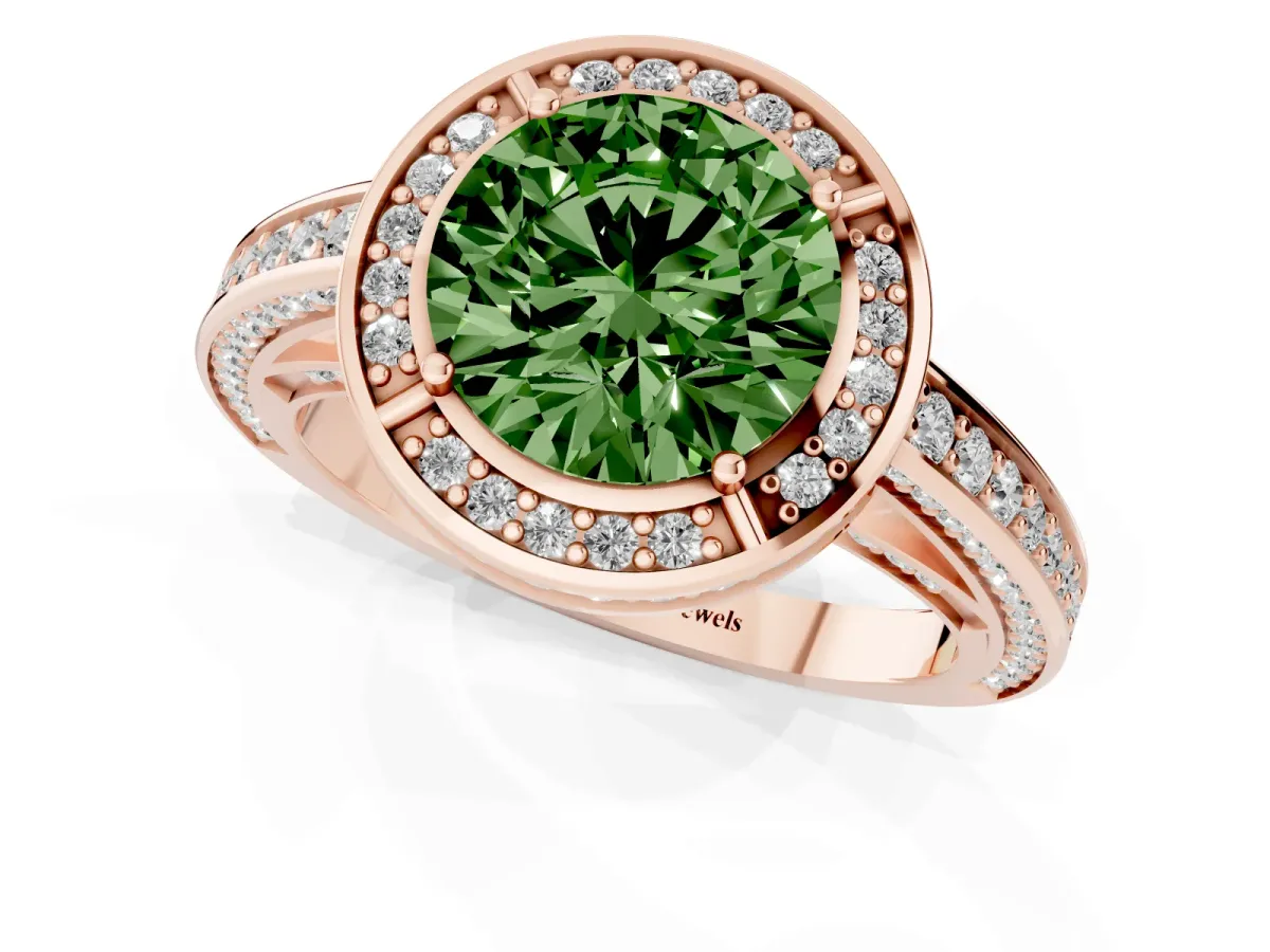 Fancy Green Round Cut Cut Halo Pave Split Shank Prong Setting Ring Rose gold