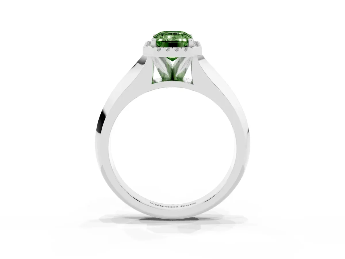 Fancy Green Emerald Cut Halo Diamond Ring with Cathedral Band and Four-Prong Setting Platinum