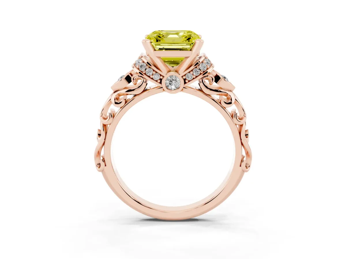 Fancy Yellow Asscher Cut Diamond Solitaire Ring with Filigree Band and Four-Prong Setting Rose gold