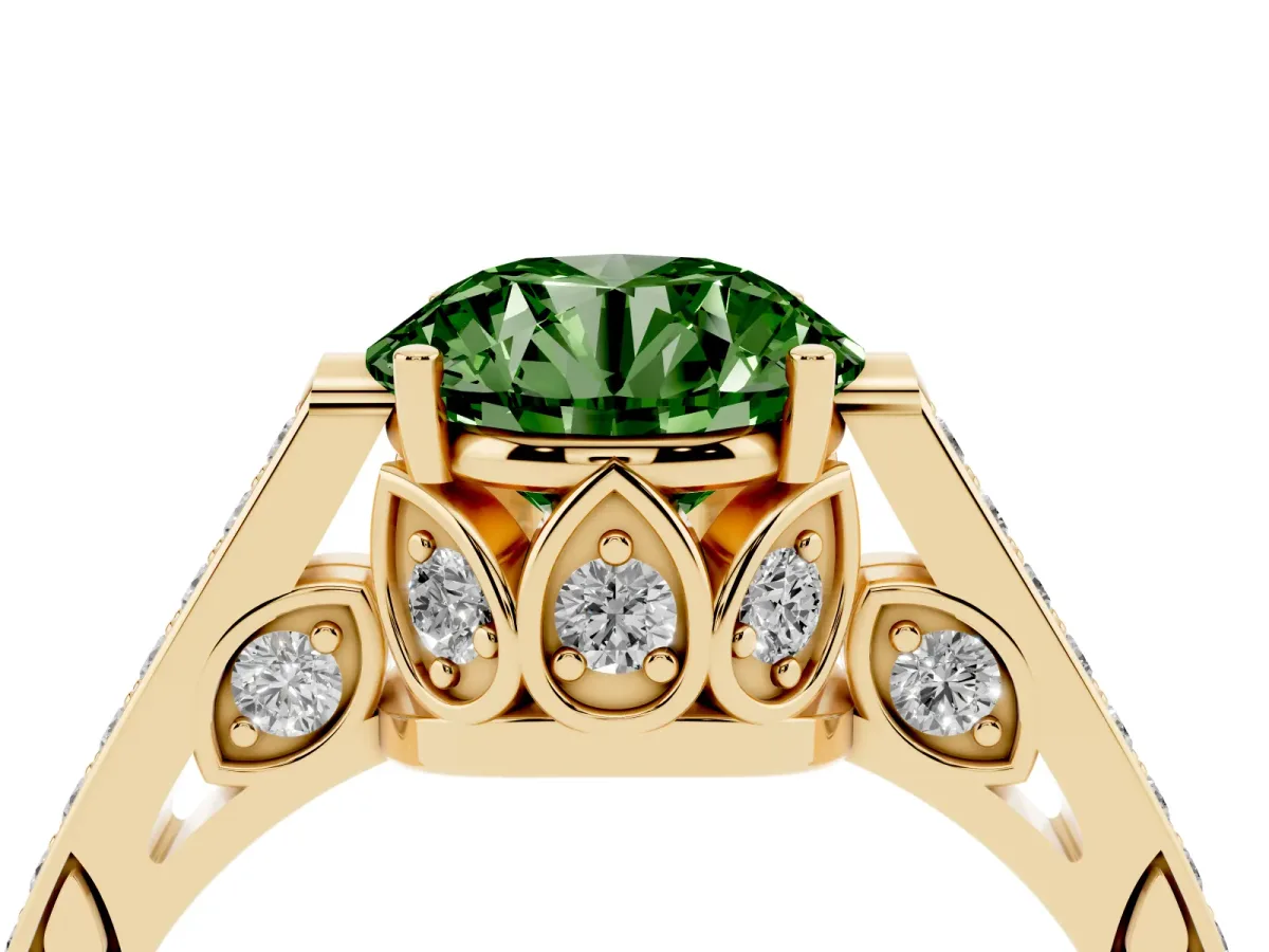 Fancy Green Round Cut Cut Cathedral Pave Diamond Engagement Ring with Six-Prong Setting Yellow gold