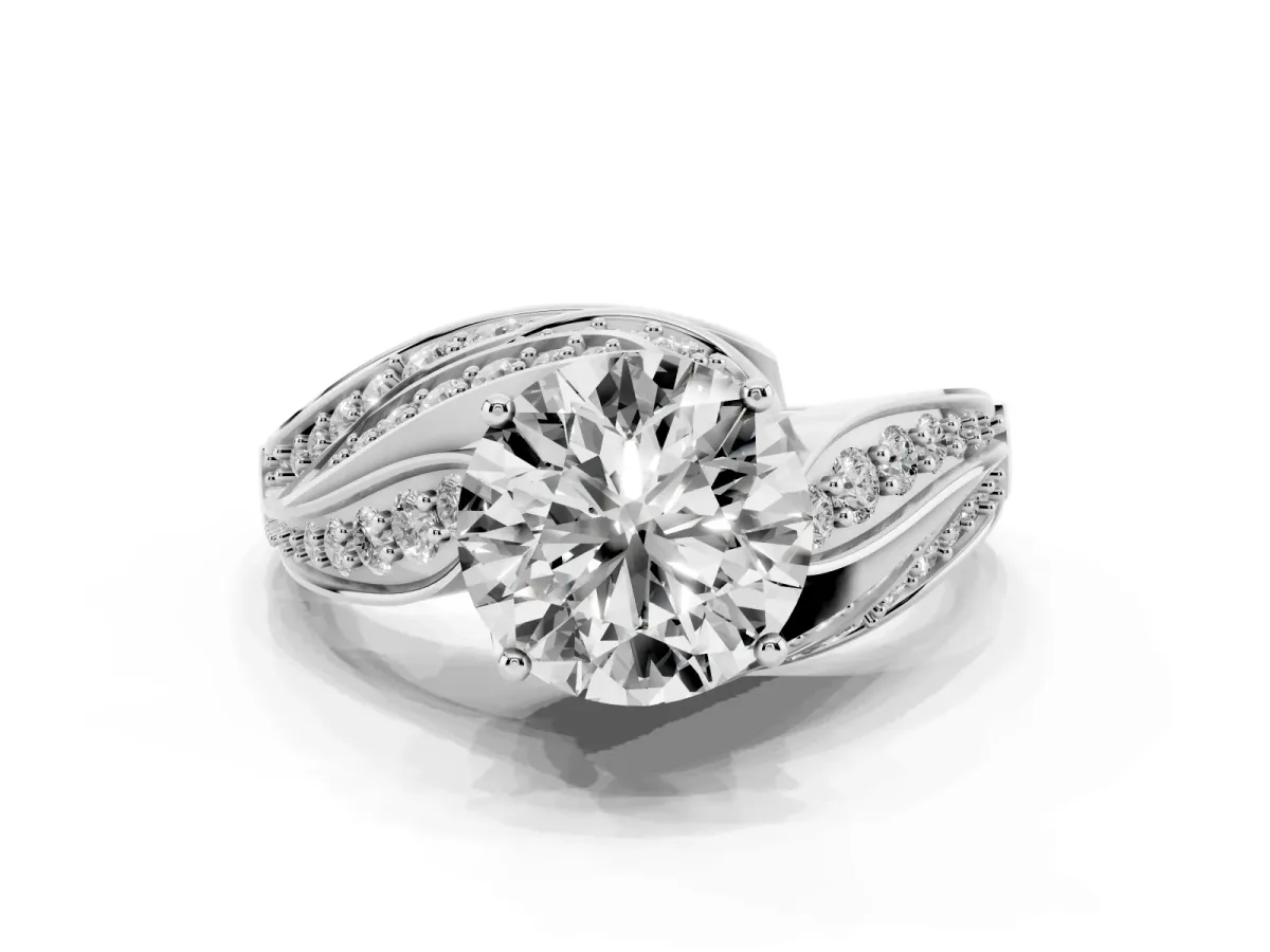 Round Cut Diamond Solitaire Ring with Prong Setting and Twisted Pavé Band Silver