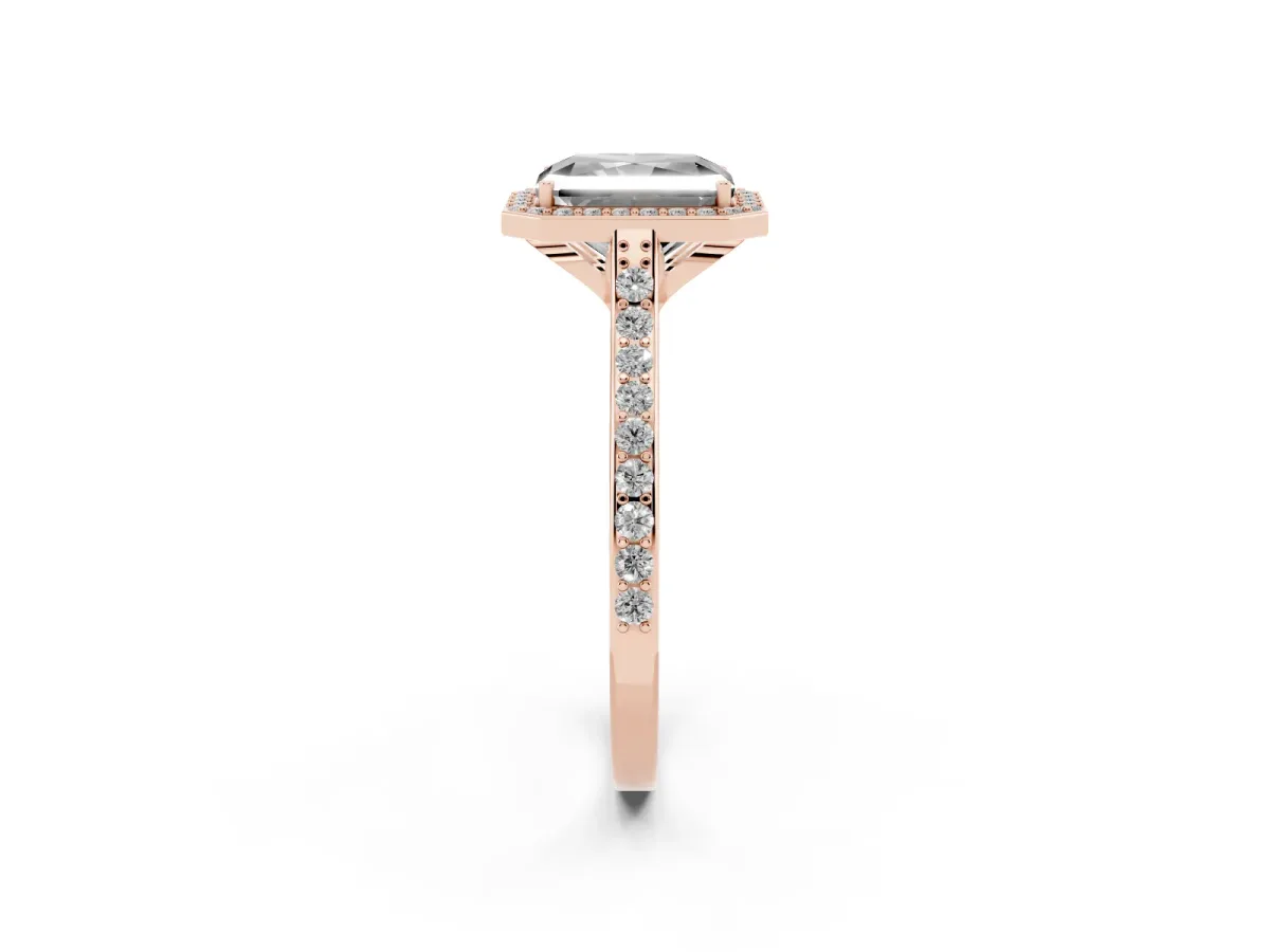 Fancy Black Radiant Cut Diamond Halo Engagement Ring with Round Pavé Shoulders and Prong Setting Rose gold