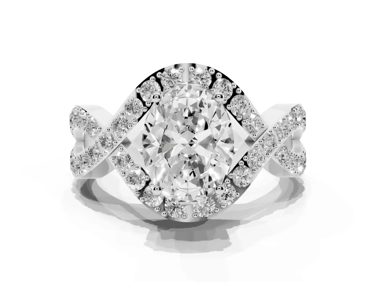 Oval Cut Solitaire Twist Band Pavé Diamond Engagement Ring Silver