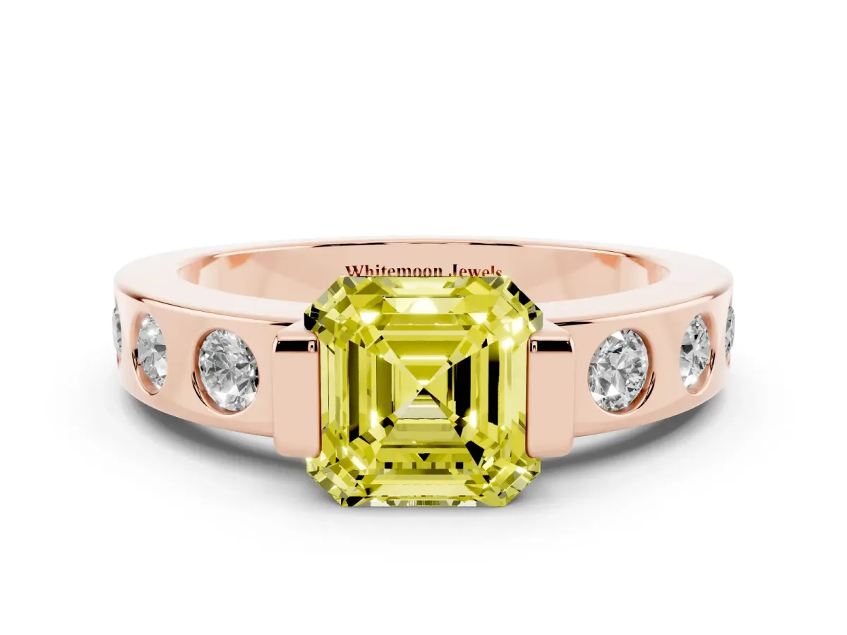 Fancy Yellow Asscher Cut Brilliant Channel-Set Diamond Ring with Bezel Prong Setting Rose gold