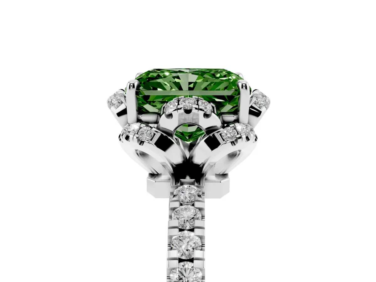 Fancy Green Radiant Cut Halo Diamond Pave Band Ring with Four-Prong Setting Platinum