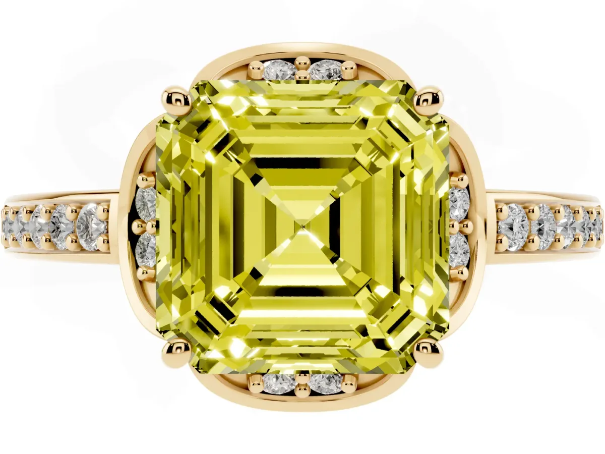 Fancy Yellow Asscher Cut Cut Halo Diamond Ring with Channel Set Band and Four-Prong Setting Yellow gold