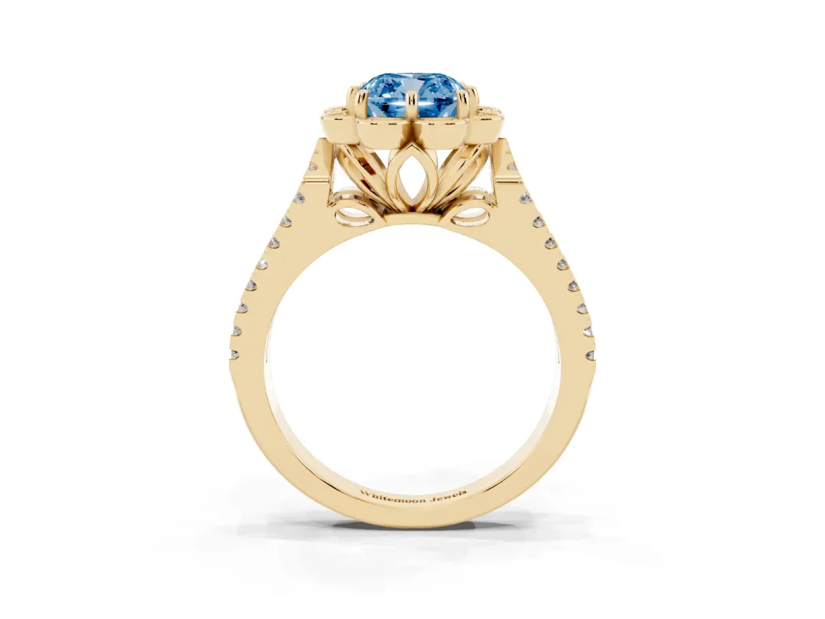 Fancy Blue Cushion Cut Halo Diamond Floral Split Shank Engagement Ring Yellow gold