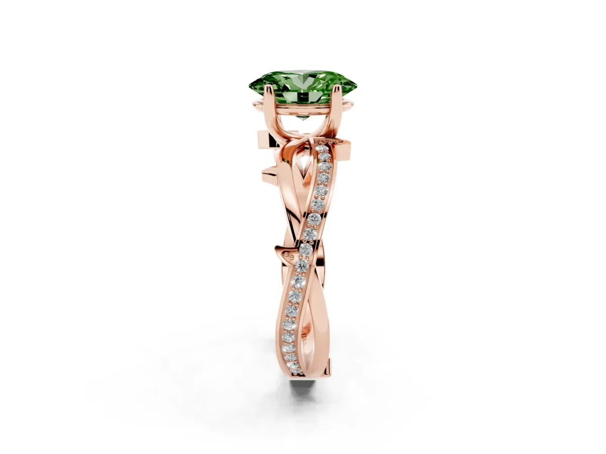 Fancy Green Oval Cut Solitaire Twist Band with Pavé Accents and Four-Prong Setting Rose gold