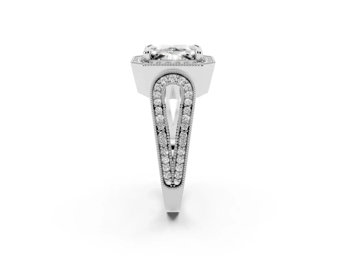 Emerald Cut Halo Split Shank Milgrain Diamond Ring Platinum