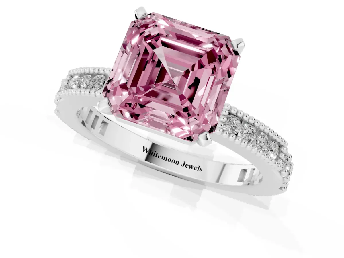 Fancy Pink Asscher Cut Solitaire with Pavé Band and Four-Prong Setting Silver