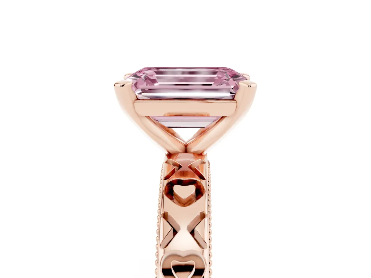 Fancy Pink Emerald Cut Solitaire Diamond Engagement Ring with XO Engraved Band and Four-Prong Setting Rose gold