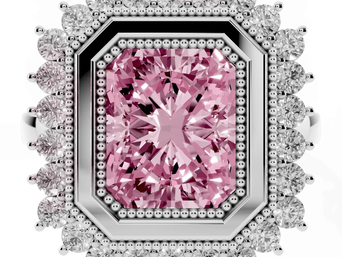 Fancy Pink Radiant Cut Halo Diamond Ring with Milgrain Edge and Round Prong Setting Silver