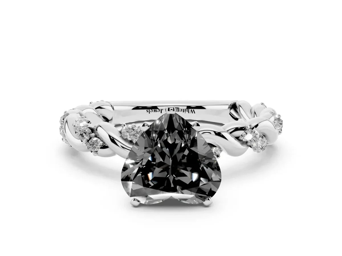 Fancy Black Heart Cut Diamond Solitaire Ring with Twisted Band and Pavé Accents Silver