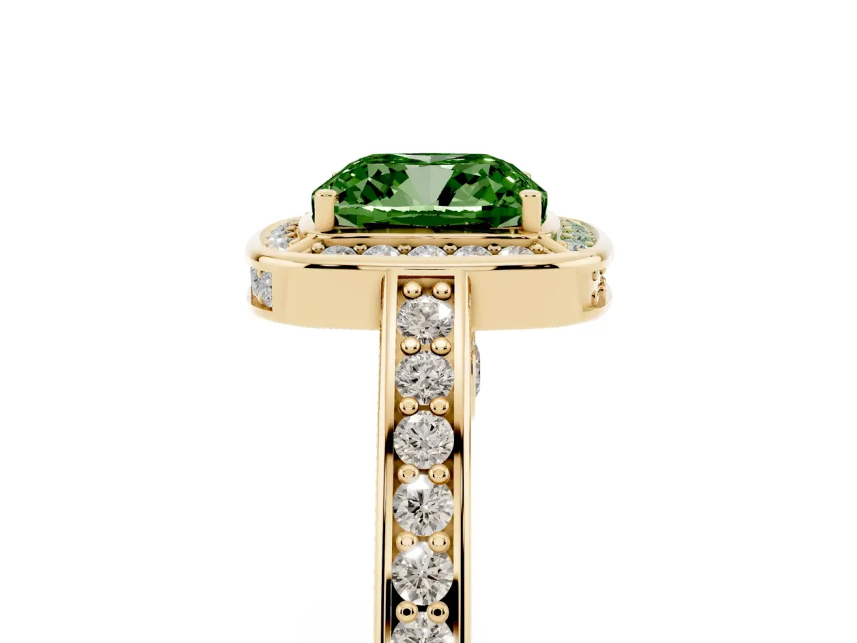 Fancy Green Cushion Cut Cut Halo Pave Split Shank Prong Setting Ring Yellow gold