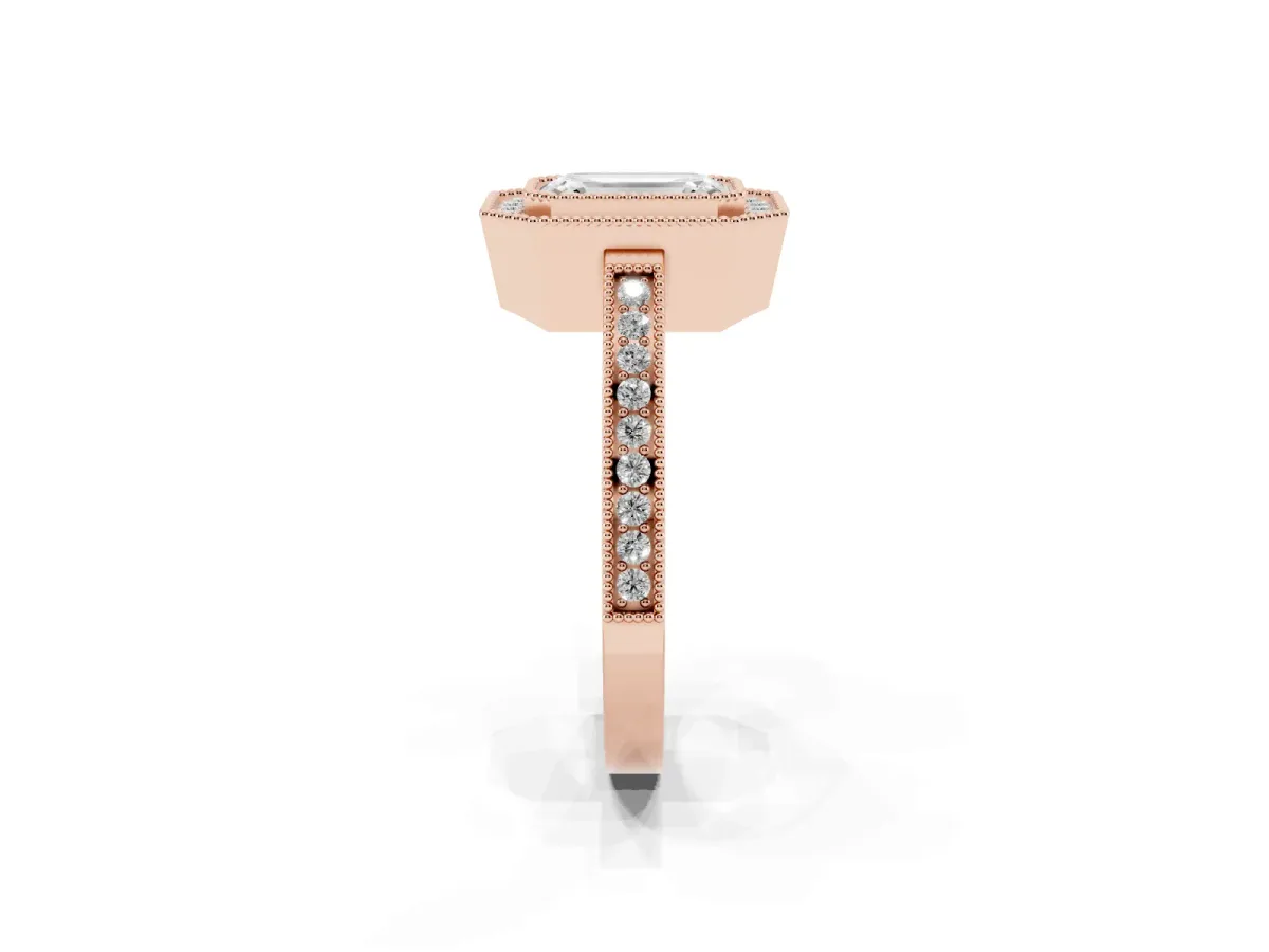 Emerald Cut Cut Halo Diamond Ring with Pavé Band and Milgrain Prong Setting Rose gold