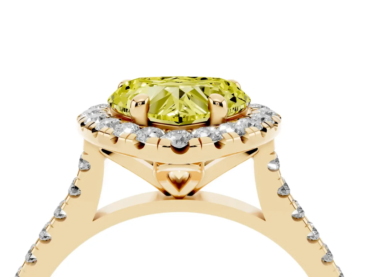 Fancy Yellow Heart Cut Diamond Cushion Halo Ring with Pavé Band Yellow gold