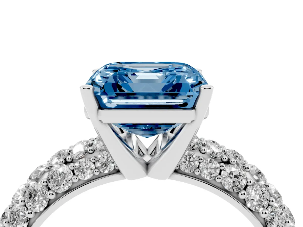 Fancy Blue Asscher Cut Diamond Pavé Band Solitaire Ring with Four-Prong Setting Silver