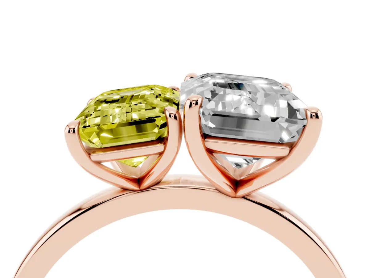 Fancy Yellow Emerald Cut and Emerald Cut Toi Moi Ring with Prong Setting Rose gold