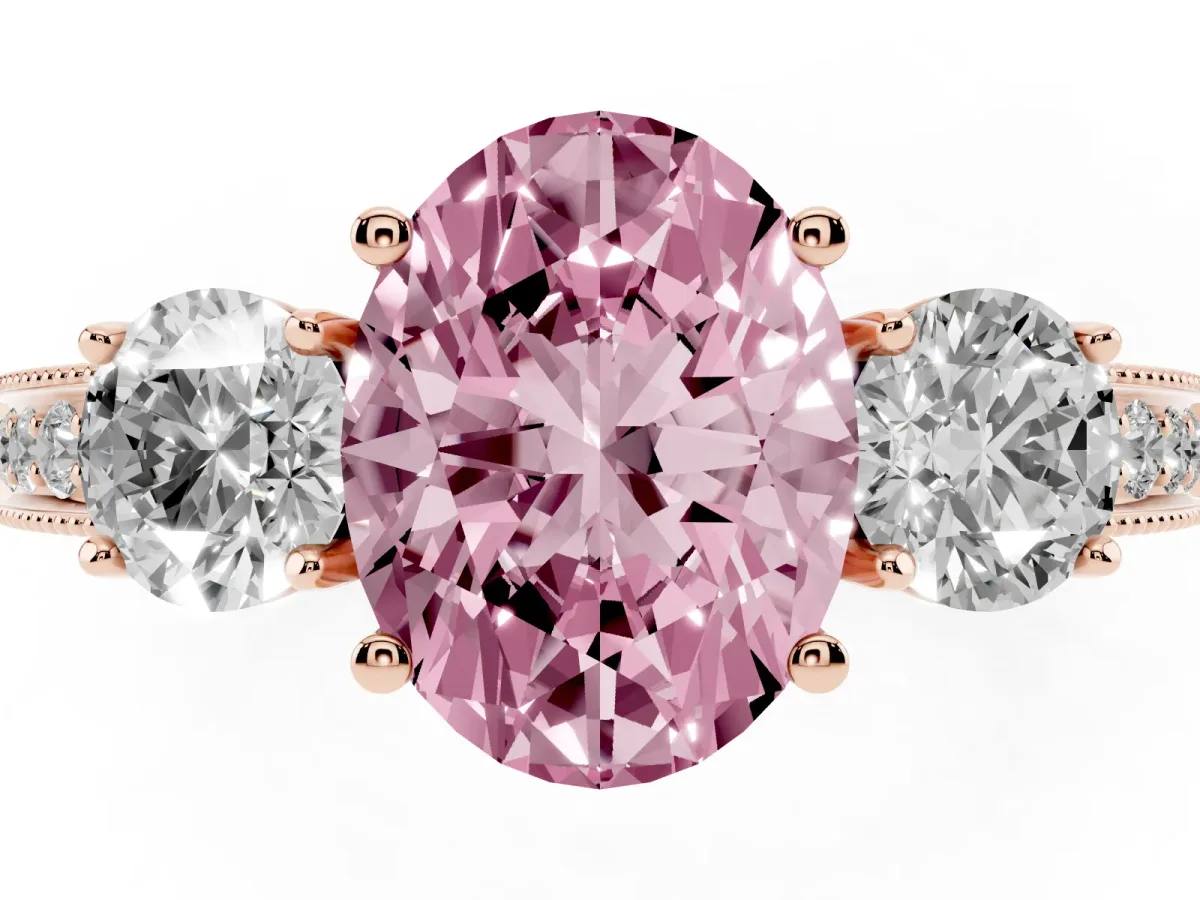 Fancy Pink Oval Cut Three-Stone Diamond Ring with Pavé Band and Four-Prong Setting Rose gold