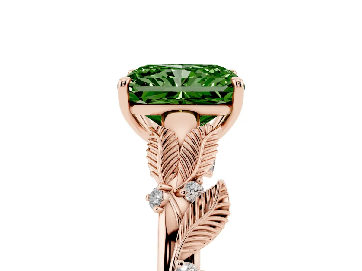 Fancy Green Radiant Cut Diamond Solitaire Ring with Leaf Motif Band and Four-Prong Setting Rose gold