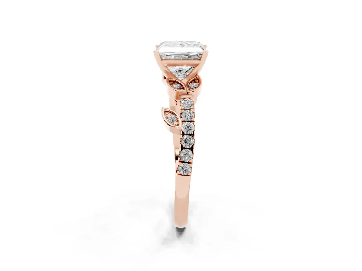 Princess Cut Solitaire Leaf-Inspired Diamond Ring with Pavé Band and Four-Prong Setting Rose gold