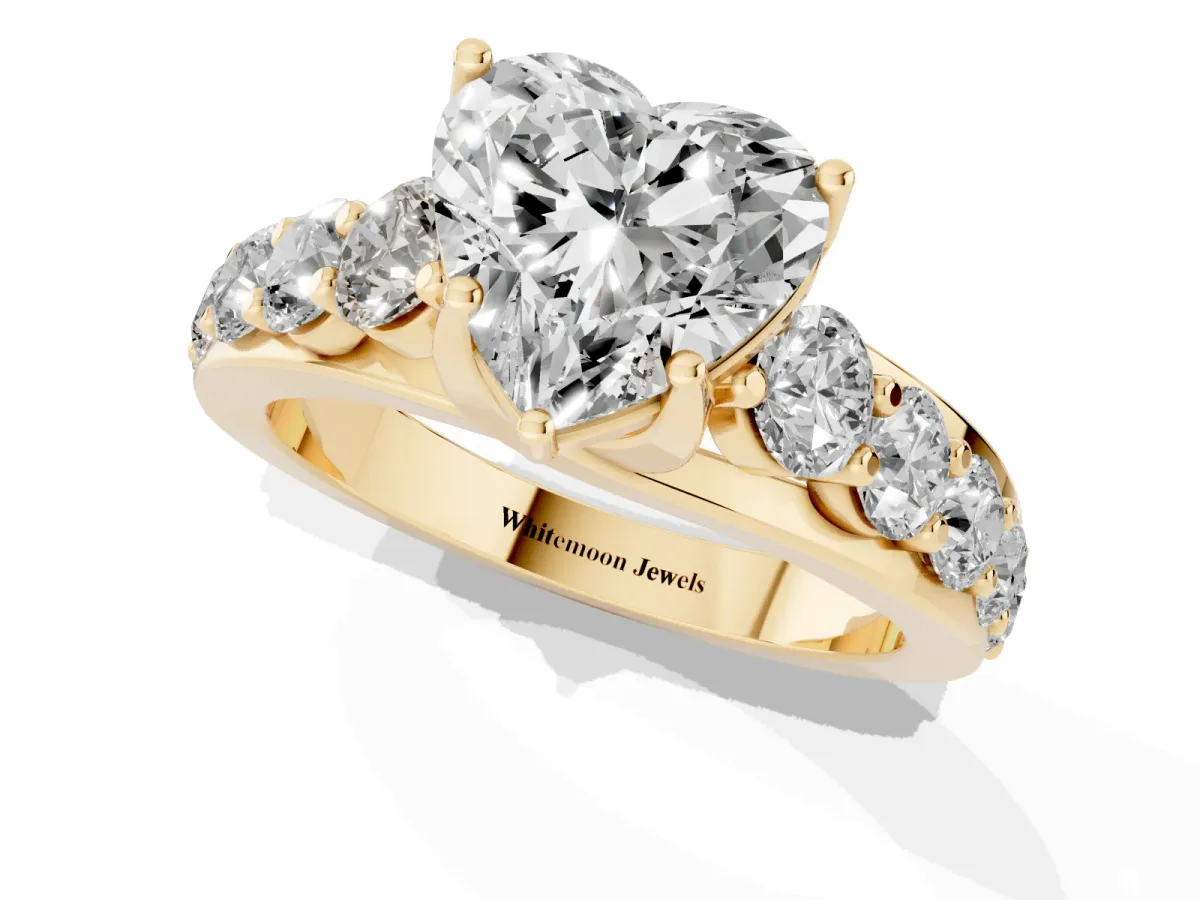 Heart Cut Diamond Engagement Ring with Pavé Band and Four-Prong Setting Yellow gold