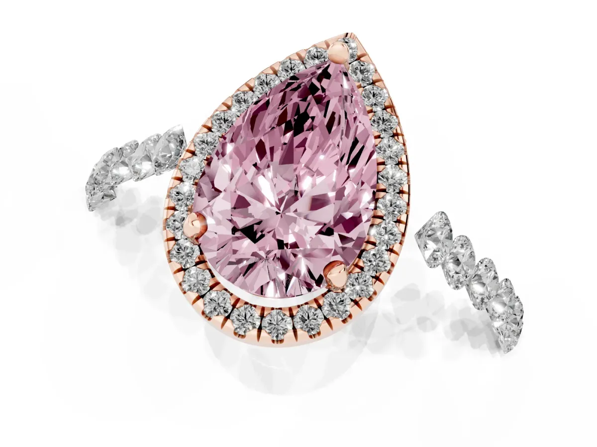 Fancy Pink Pear Cut Halo Pavé Diamond Engagement Ring with Four-Prong Setting Rose gold