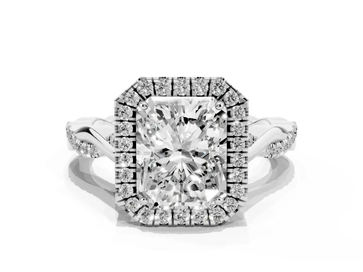 Radiant Cut Halo Twist Band Solitaire Ring Silver