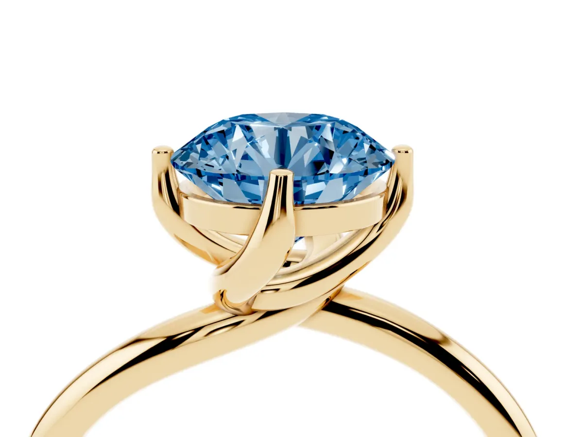 Fancy Blue Round Cut Diamond Solitaire Engagement Ring with Four-Prong Setting and Classic Band Yellow gold
