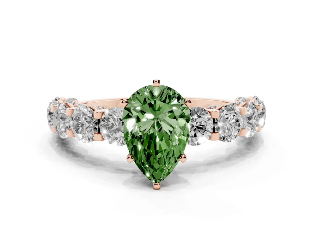 Fancy Green Pear Cut Diamond Side Stone Engagement Ring with Four-Prong Setting Rose gold