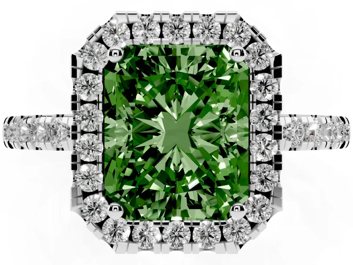 Fancy Green Radiant Cut Halo Diamond Engagement Ring with Pavé Band and Four-Prong Setting Silver