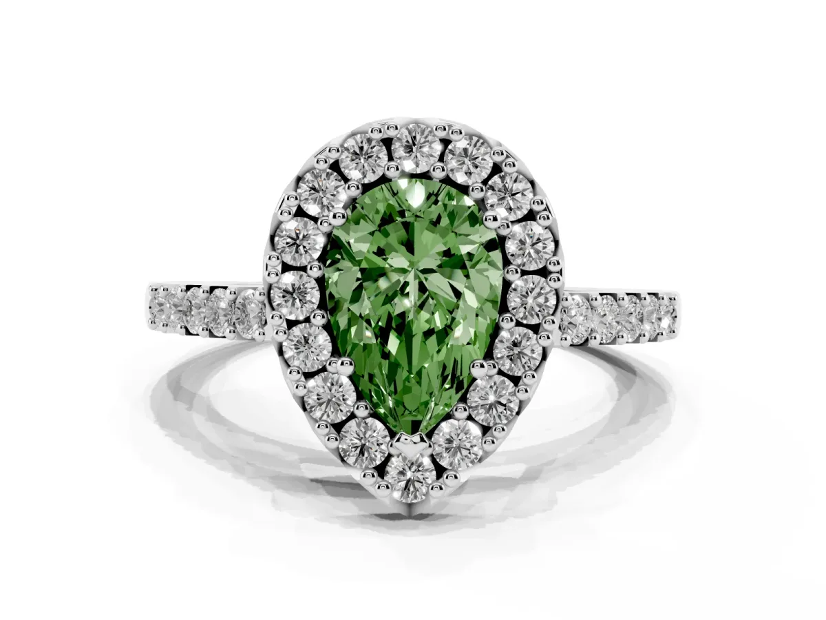 Fancy Green Pear Cut Halo Diamond Pavé Solitaire Ring White gold