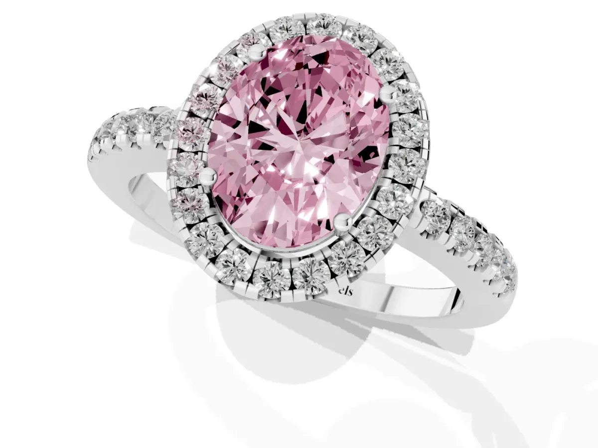Fancy Pink Oval Cut Halo Diamond Engagement Ring with Pavé Band and Four-Prong Setting Platinum