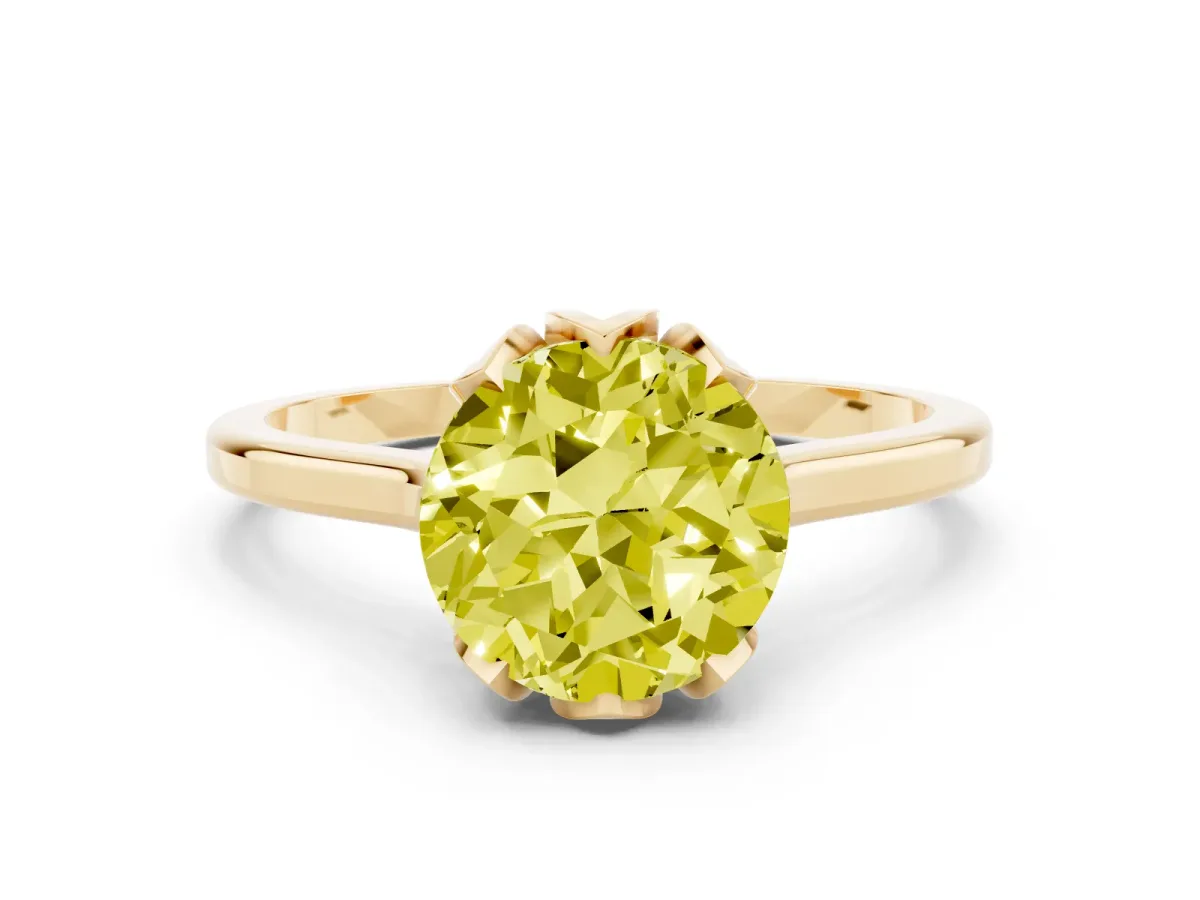 Fancy Yellow Round Cut Diamond Solitaire Ring with Flower Prong Setting and Classic Band Yellow gold