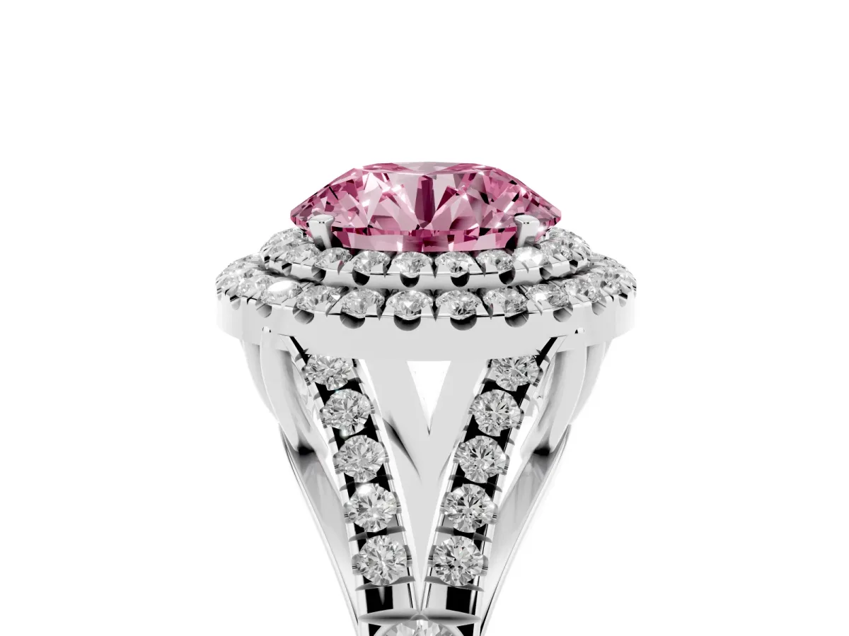 Fancy Pink Round Cut Diamond Double Halo Ring with Split Shank and Prong Setting Platinum