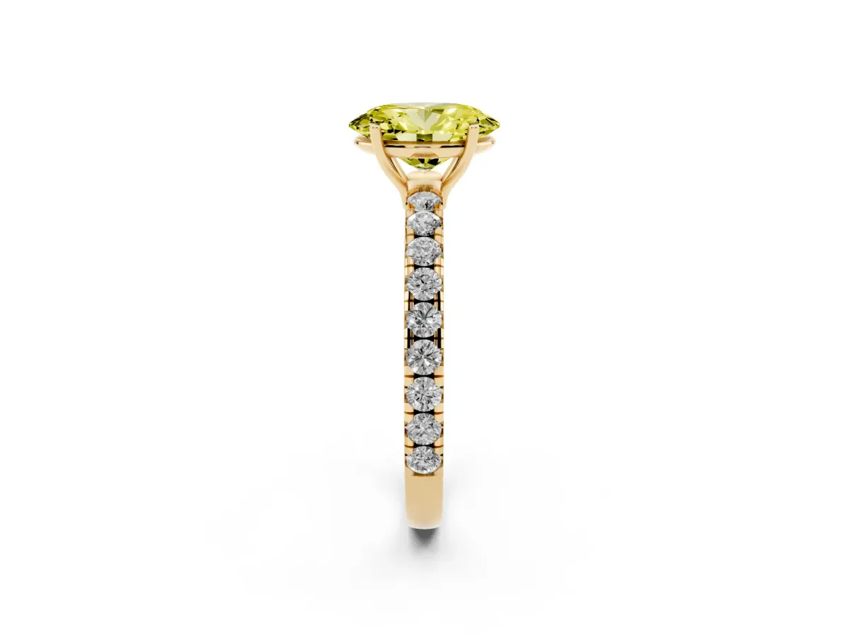 Fancy Yellow Oval Cut Diamond Pavé Solitaire Engagement Ring with Four-Prong Setting Yellow gold