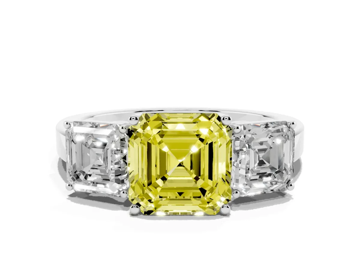 Fancy Yellow Three-Stone Asscher Cut Cut Diamond Engagement Ring with Flat Band and Four-Prong Setting Silver