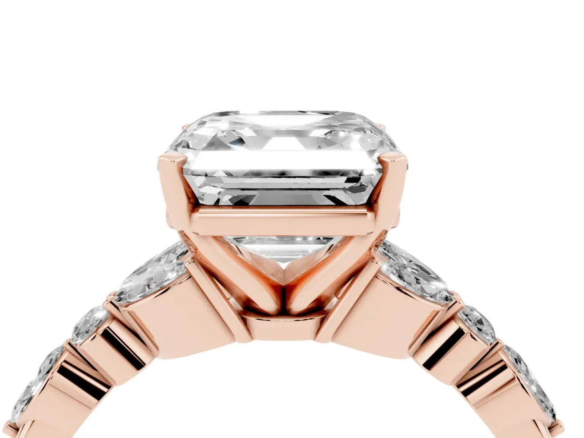 Asscher Cut Diamond Solitaire Ring with Side Stones and Four-Prong Setting Rose gold