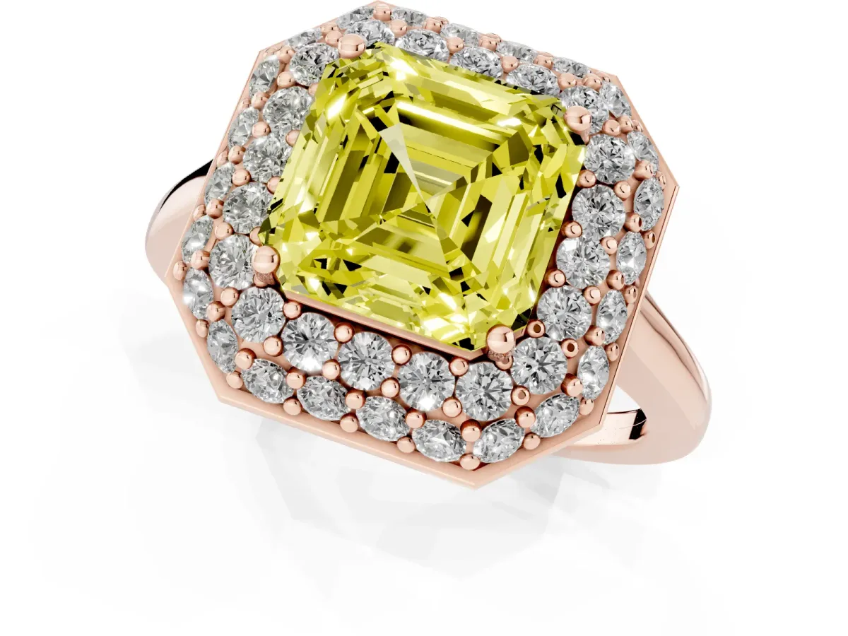 Fancy Yellow Asscher Cut Halo Diamond Engagement Ring with Solitaire Band and Four-Prong Setting Rose gold