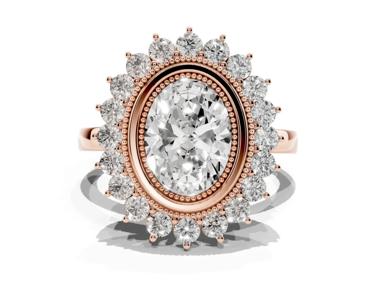 Oval Cut Halo Diamond Ring with Milgrain Edge and Round Prong Setting Rose gold