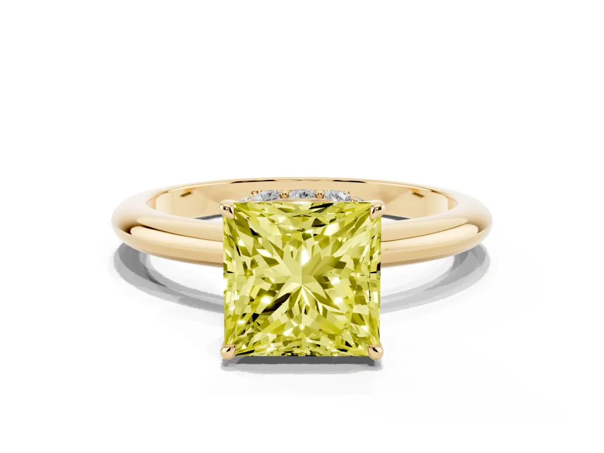Fancy Yellow Princess Cut Brilliant Solitaire Engagement Ring with Six-Prong Setting and Classic Band Yellow gold