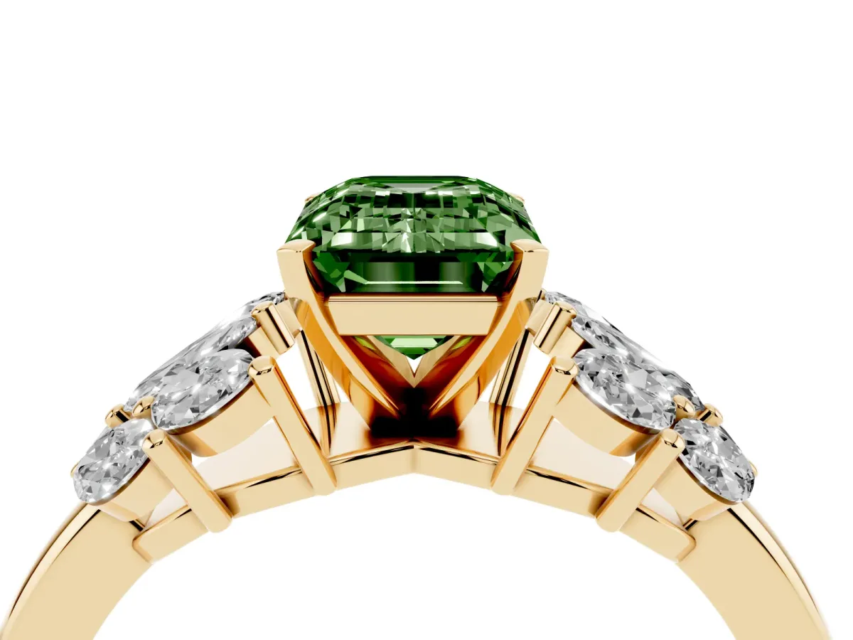 Fancy Green Emerald Cut Diamond Cluster Leaf Design Ring with Prong Setting Yellow gold